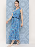 InWeave Women's Sapphire Blue Floral Paisley Print Long Frill Dress | Grocsy