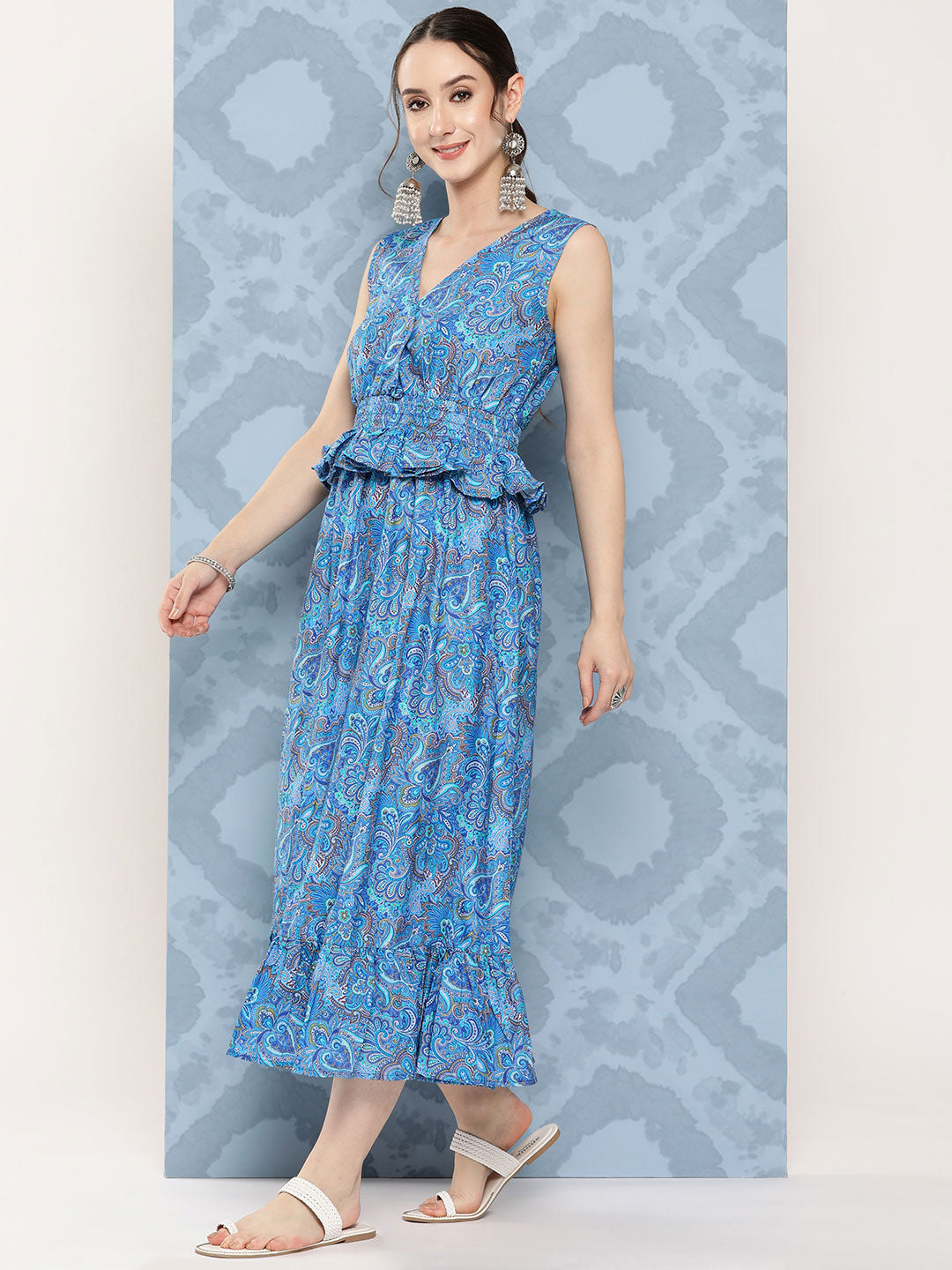 InWeave Women's Sapphire Blue Floral Paisley Print Long Frill Dress | Grocsy