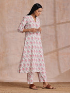 trueBrowns Pink Green Buta On White Block Print Cotton Slit Kurta Pant Set | Grocsy