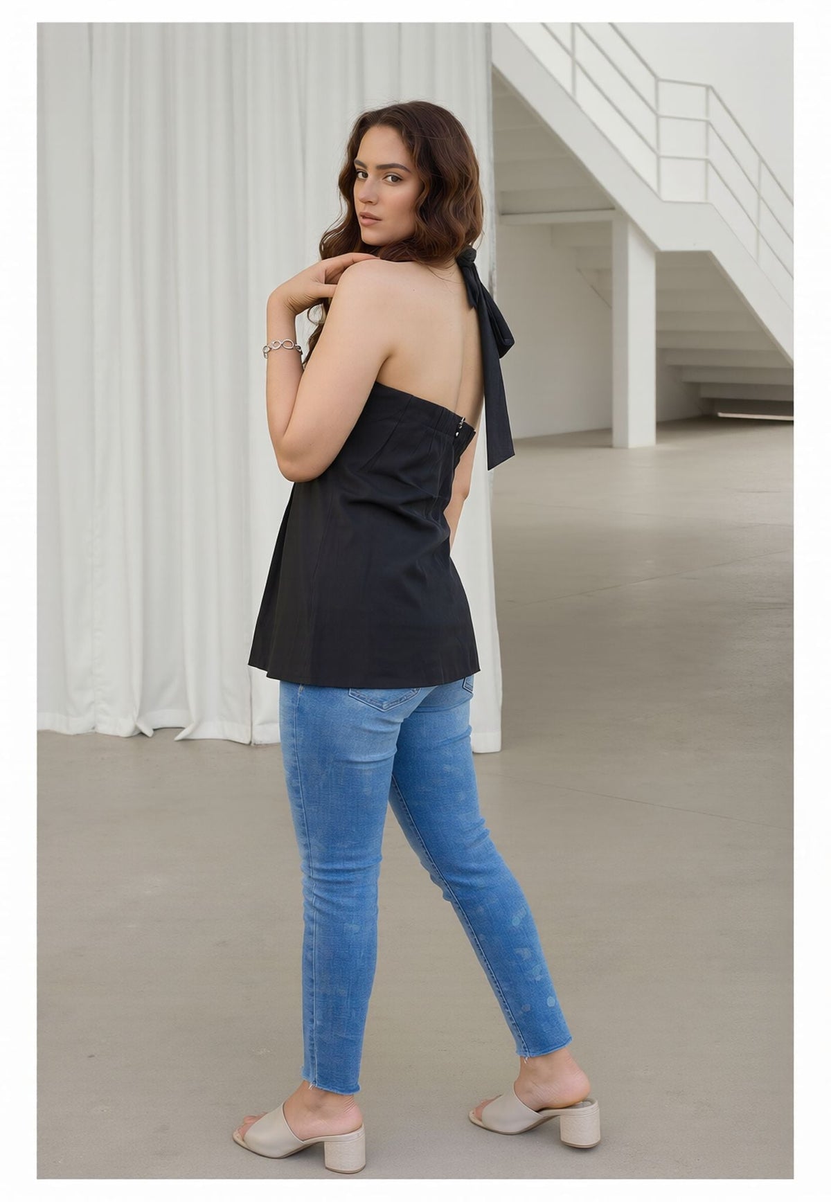 Myshka Women Black Linen Halter Neck Tie Up Pleated Top | Grocsy