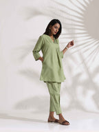 trueBrowns Green Slub Pleated Co-ord Set | Grocsy