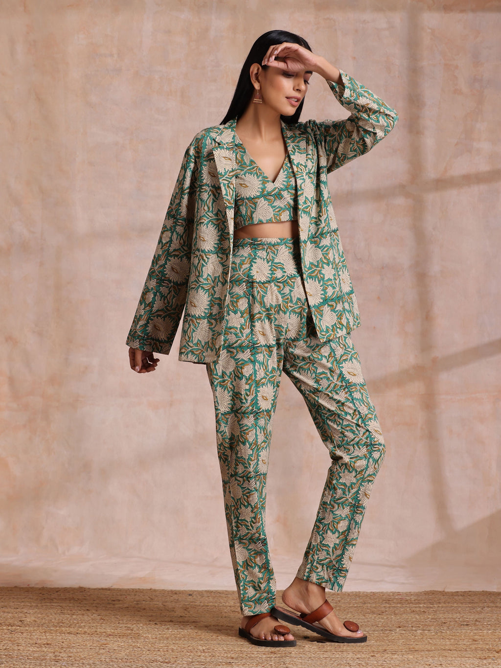trueBrowns Fern Green Overall Floral Block Print Cotton Pant Suit Set | Grocsy