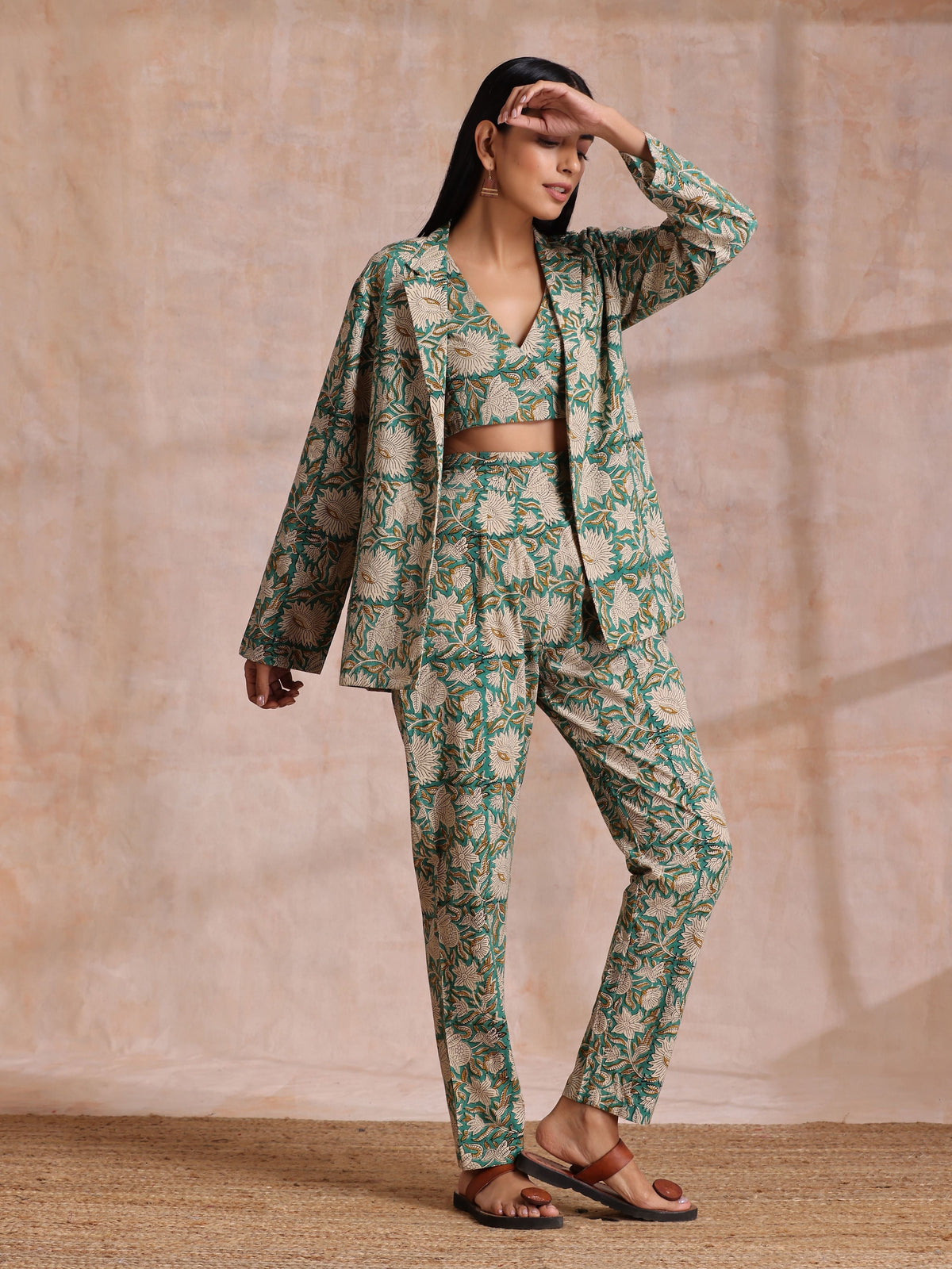trueBrowns Fern Green Overall Floral Block Print Cotton Pant Suit Set | Grocsy