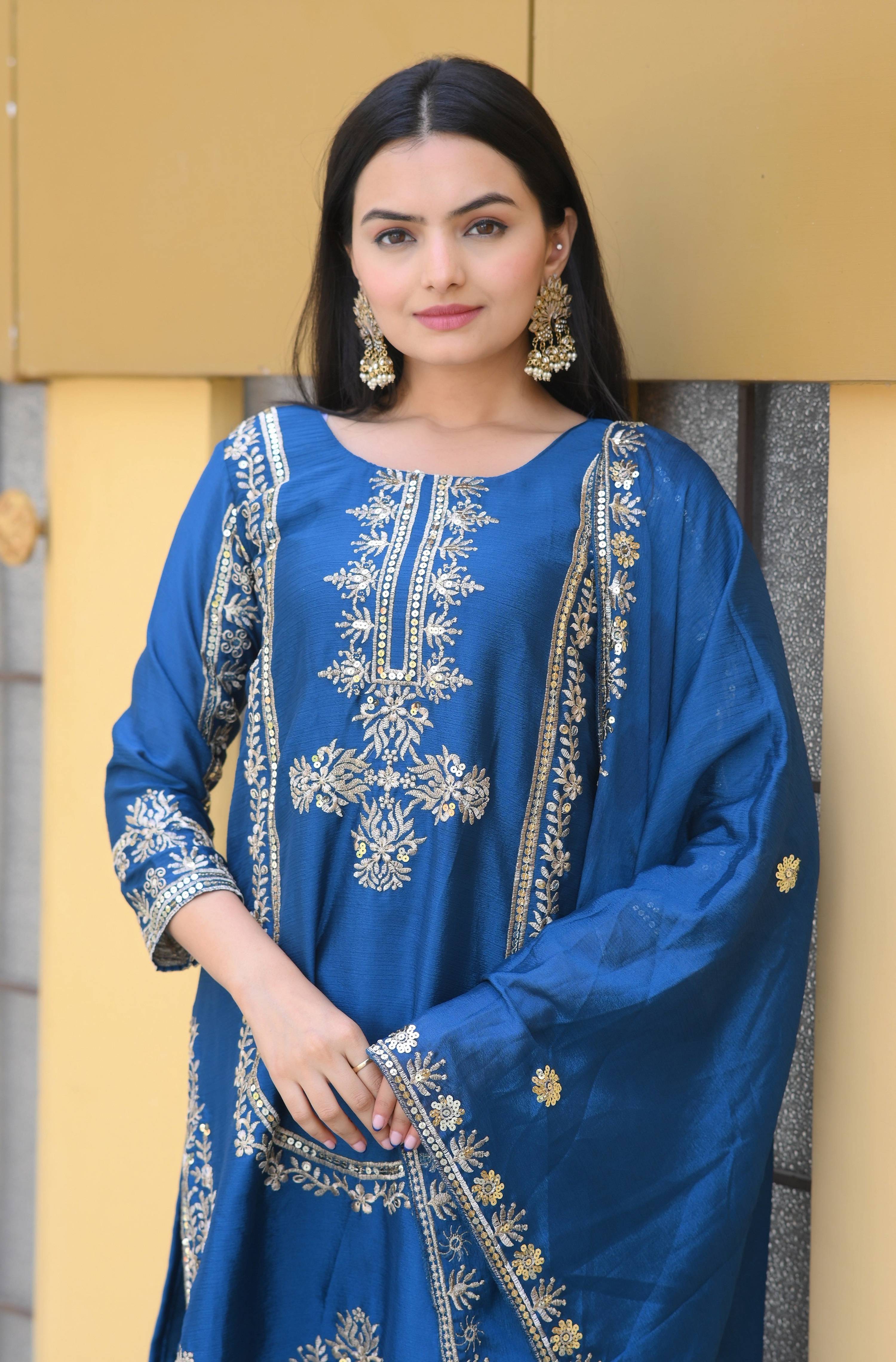 Teeya Creation Blue Color Chinon Silk Heavy Embroidery Work Fully Stitched Salwar Suit | Grocsy