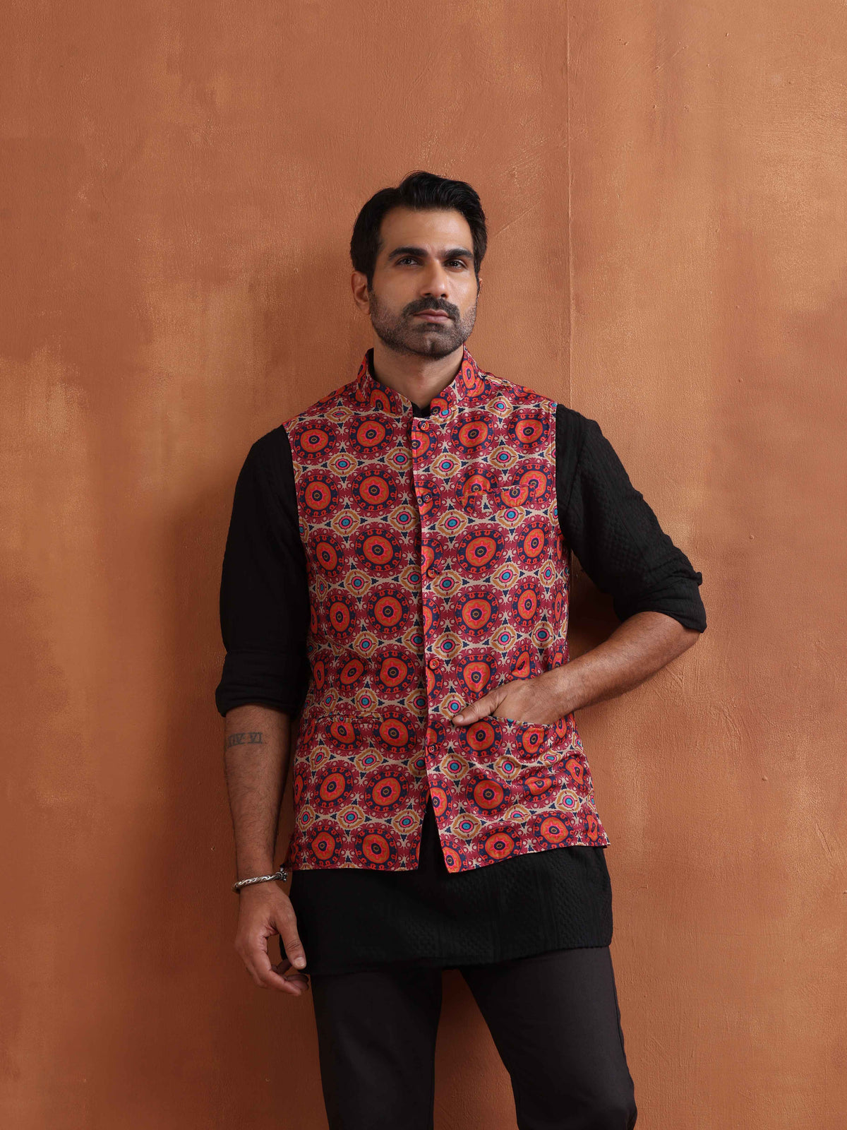 trueBrowns Men's Beige Printed Nehru Jacket | Grocsy
