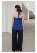 Myshka Women Blue Linen Halter Neck Tie Up Pleated Top | Grocsy