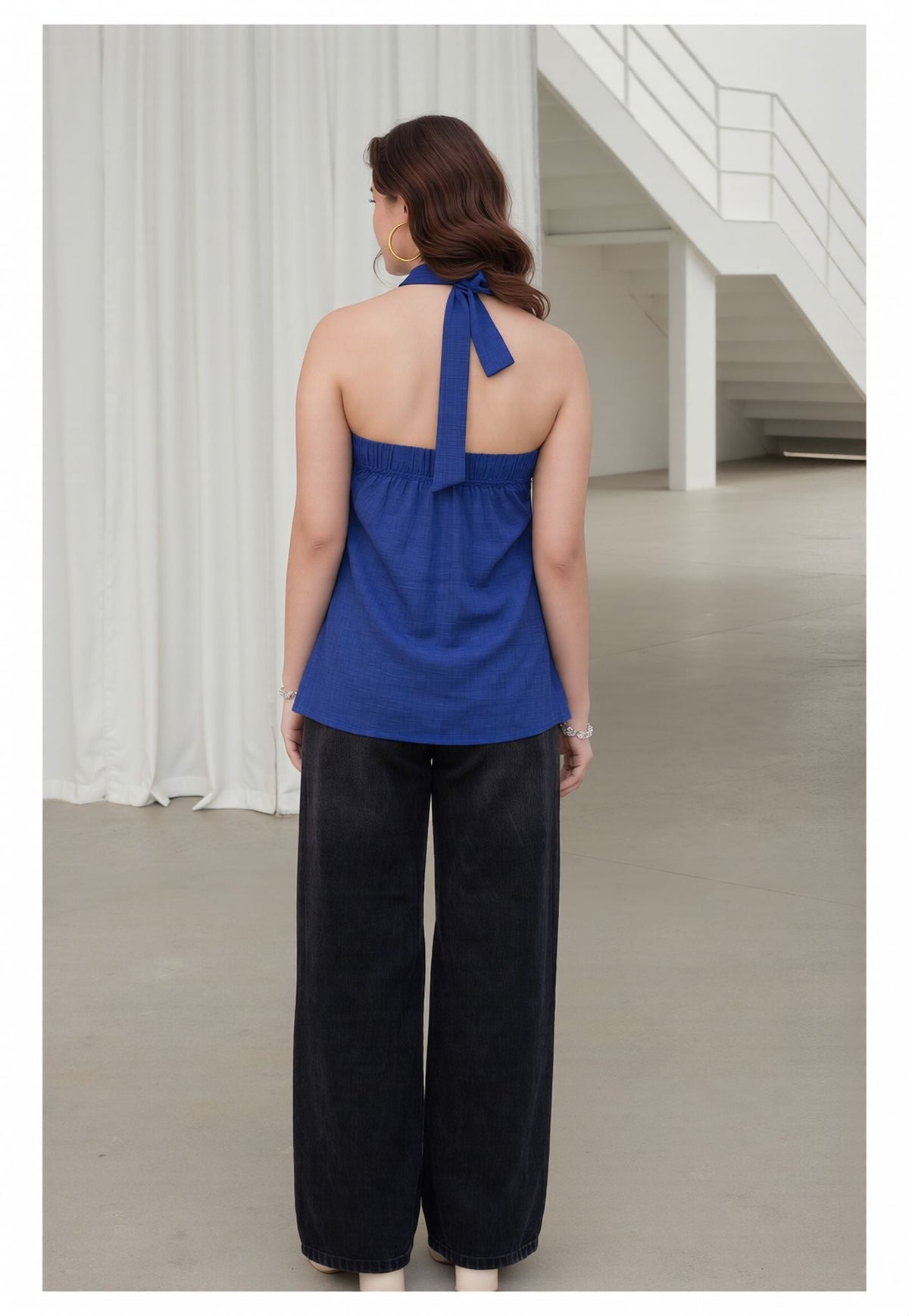 Myshka Women Blue Linen Halter Neck Tie Up Pleated Top | Grocsy