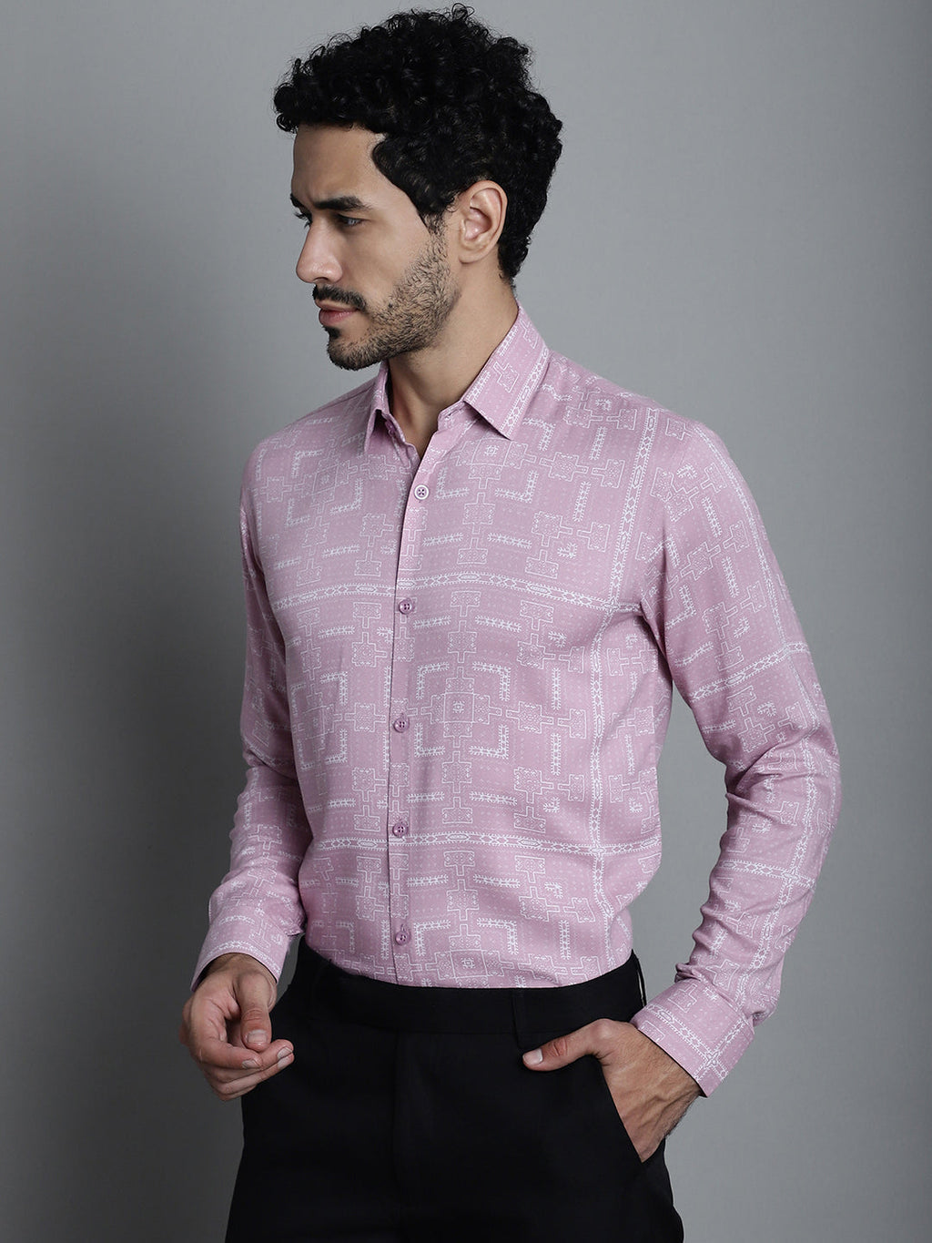 Jainish Men's Geomatric Printed Formal Shirts - Magenta | Grocsy