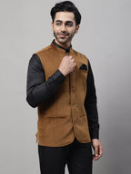 Even Apparels Men's Brown Nehru Jacket With Welt Pockets | Grocsy
