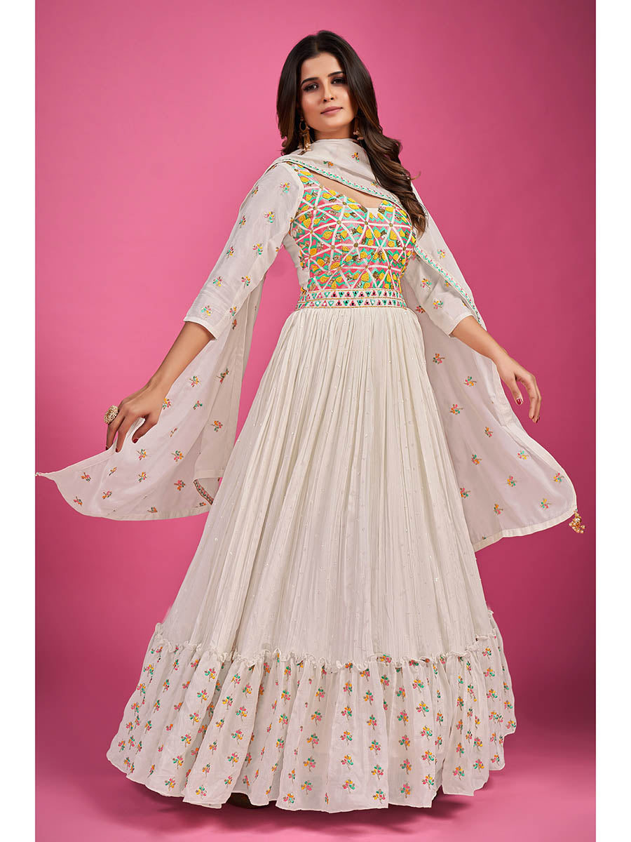 Myra White Chinon Silk Embroidered Gown | Grocsy