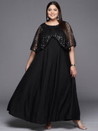 Ahalyaa Plus Size Geometric Print Crepe Layered A-line Maxi Ethnic Dress | Grocsy