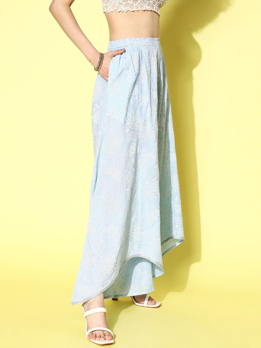 Ahalyaa Women Off White & Blue Floral Printed Flared Ethnic Palazzos | Grocsy