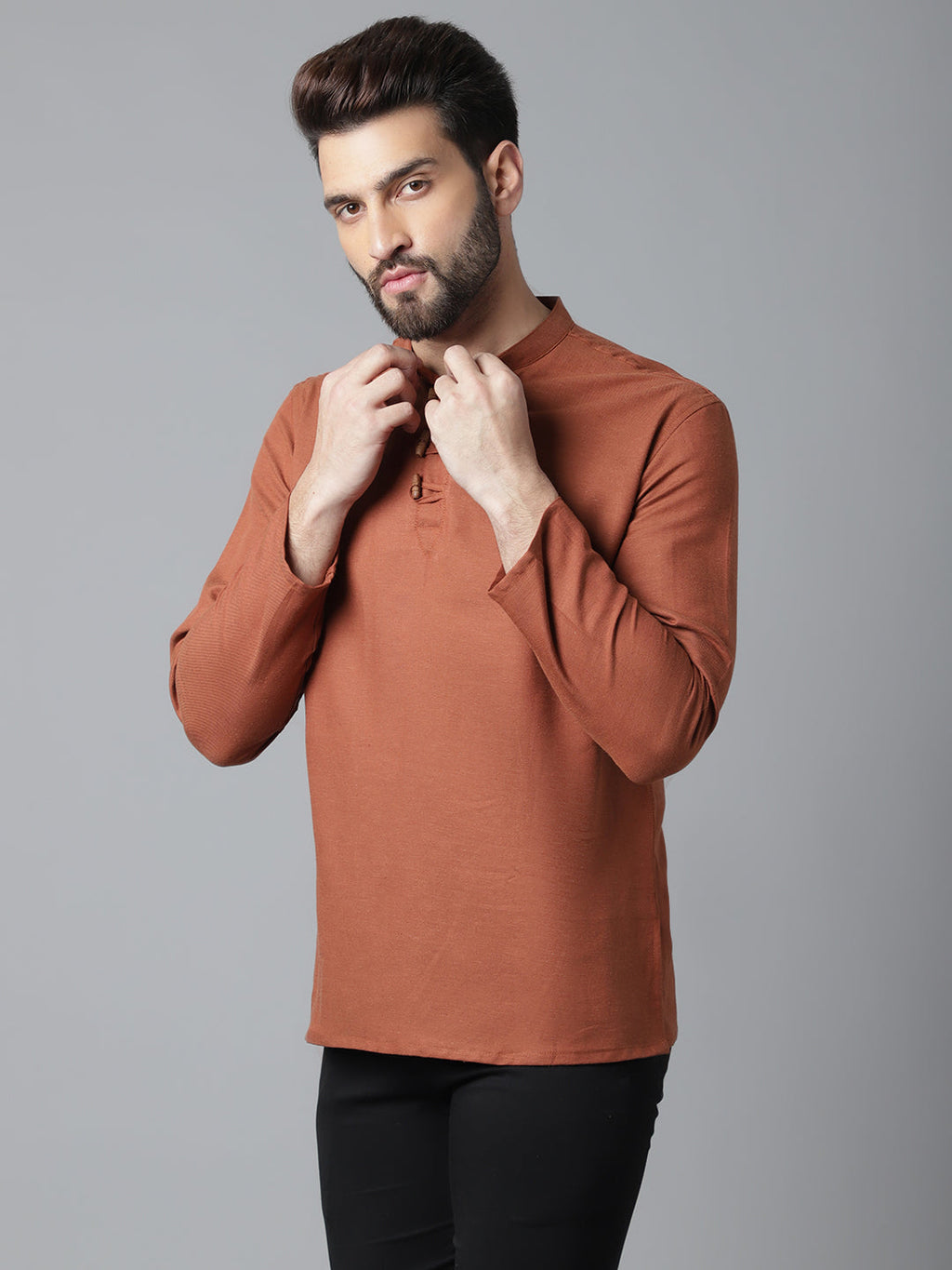 Even Apparels Rust Pure Cotton Kurta With Band Collar | Grocsy