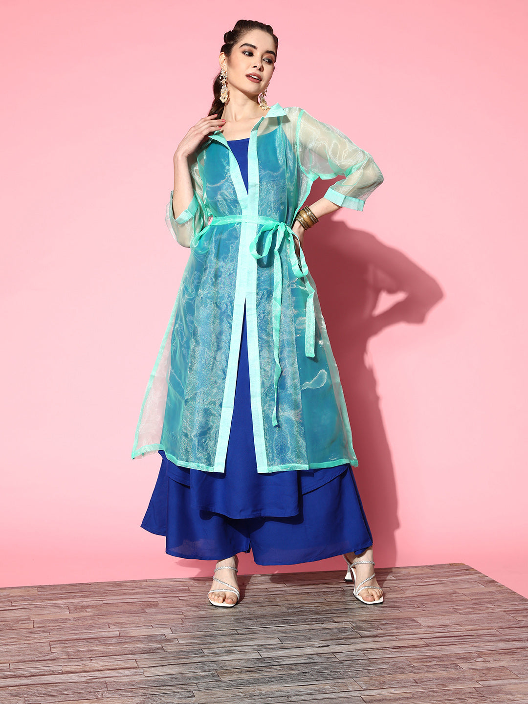 InWeave Women's Ink Blue Strappy Kurta Set With Teal Organza Cape | Grocsy