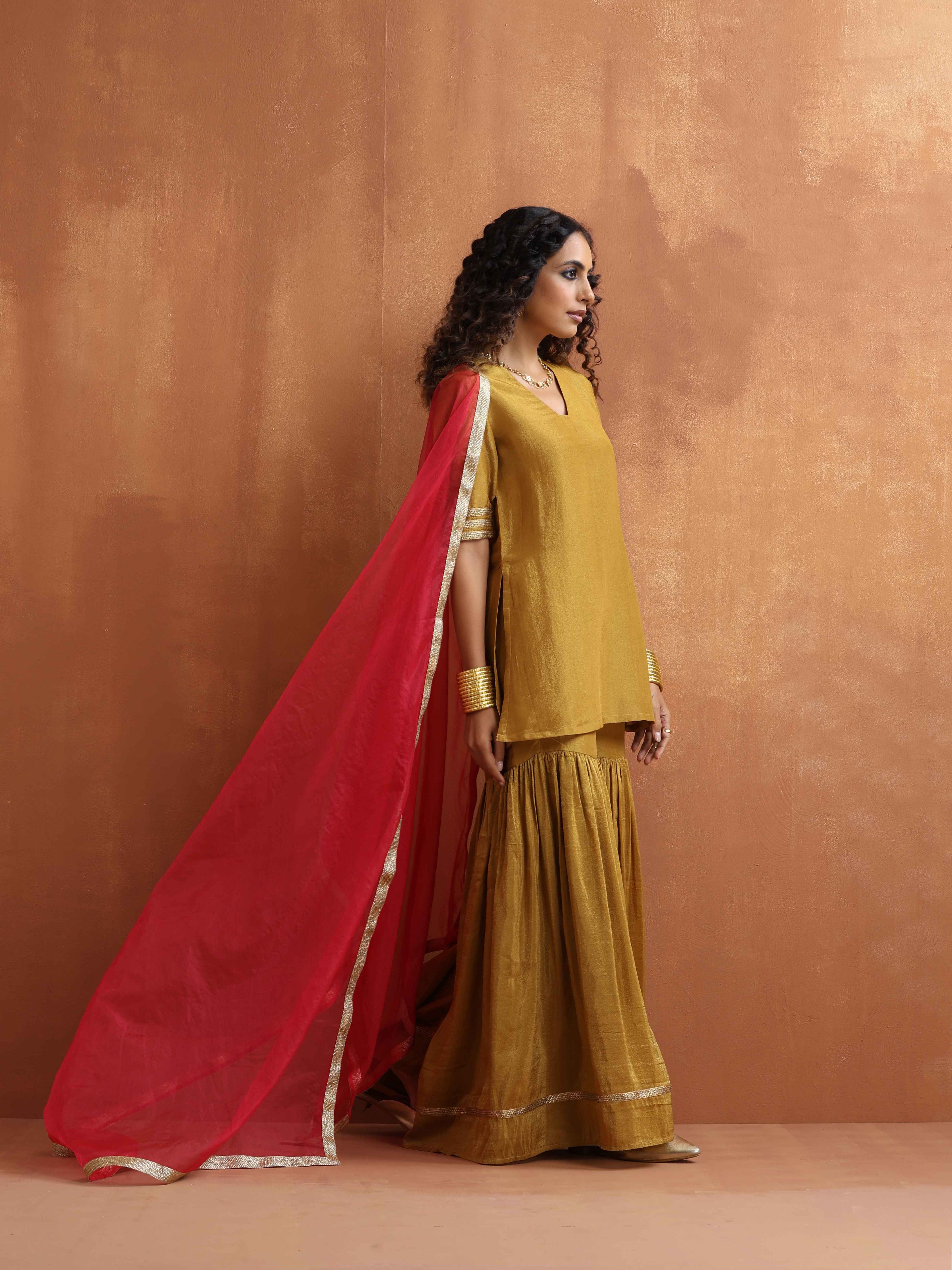 trueBrowns Gold Tissue Sharara Dupatta Set | Grocsy