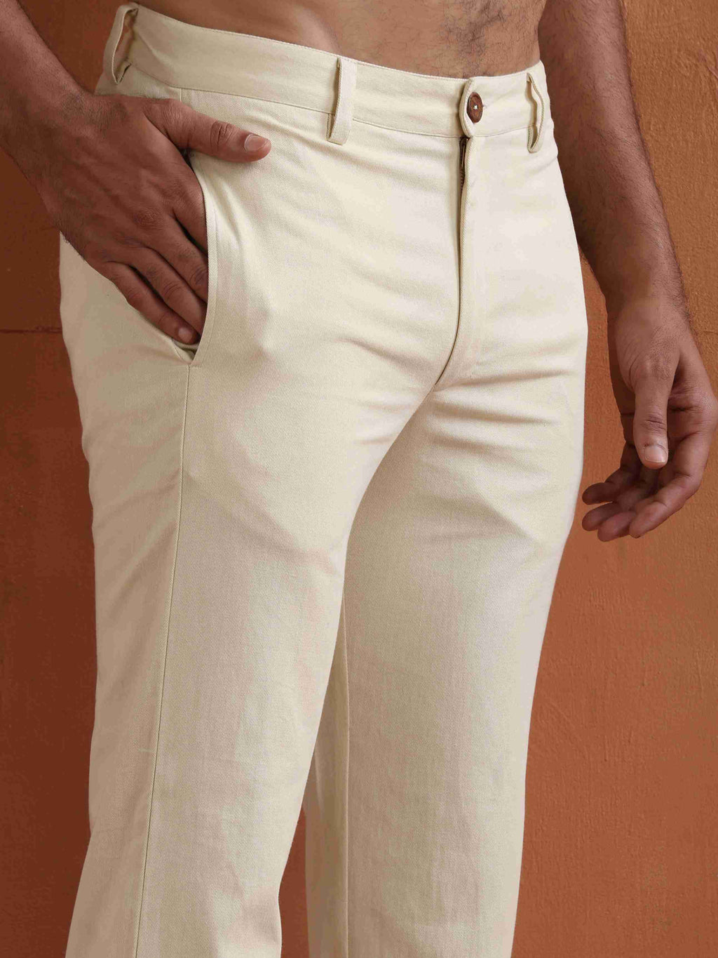 trueBrowns Men's Off White Cotton Twill Pants | Grocsy