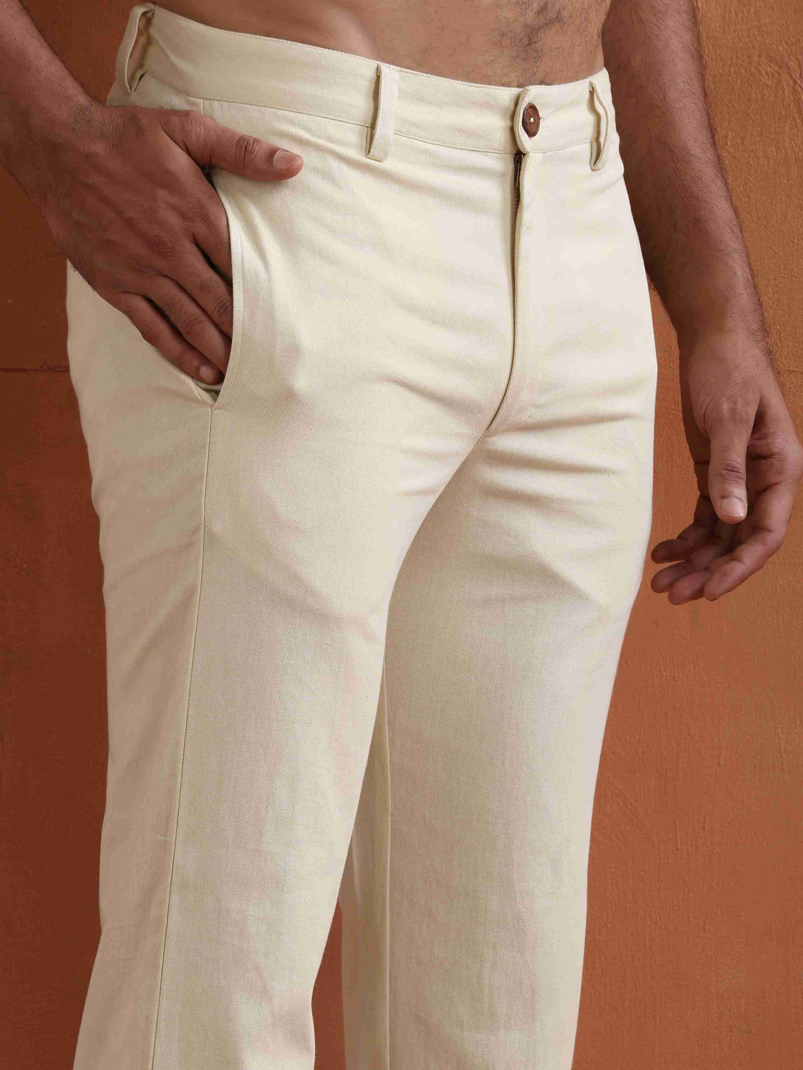 trueBrowns Men's Off White Cotton Twill Pants | Grocsy