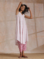 trueBrowns Pink Green Floral On White Block Print Cotton Sleeveless Flared Kurta Pant Set | Grocsy