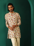 trueBrowns Men's Off White Floral Bunch Muslin Silk Printed Co-ord Set | Grocsy
