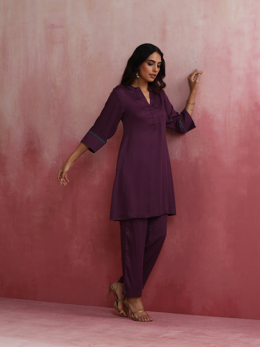 trueBrowns Purple Modal Kurta Co-ord Set | Grocsy