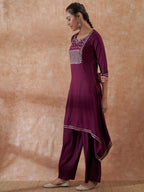 InWeave Women's Burgundy Emb Assymetrical Kurta Pant Set | Grocsy