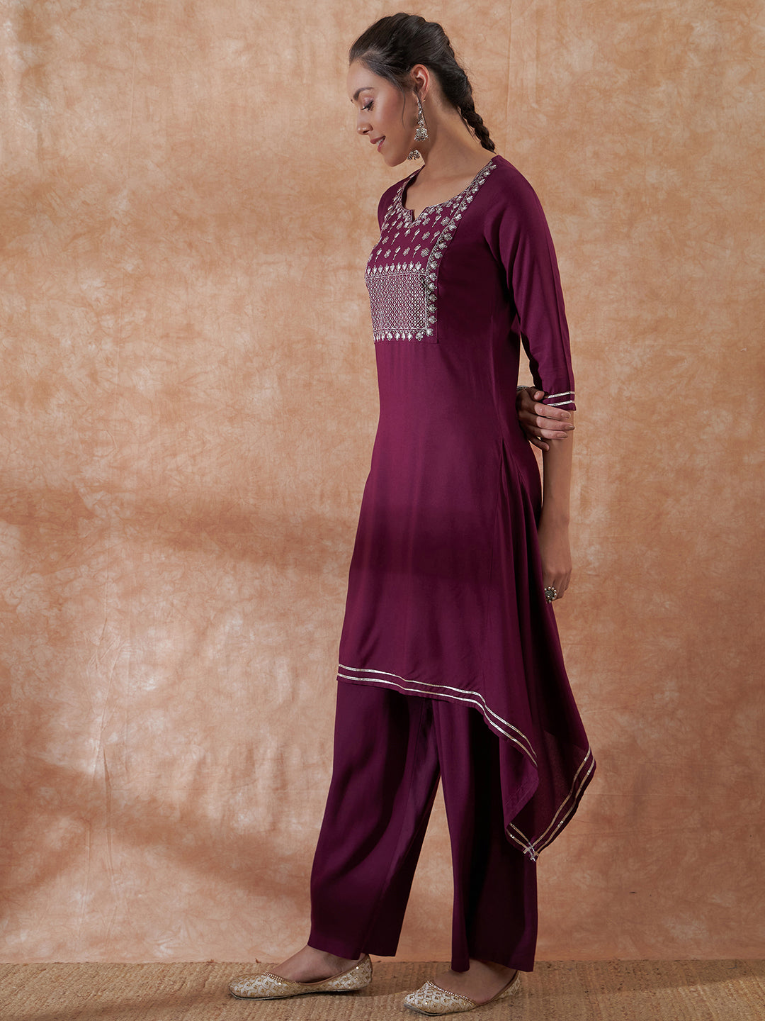 InWeave Women's Burgundy Emb Assymetrical Kurta Pant Set | Grocsy