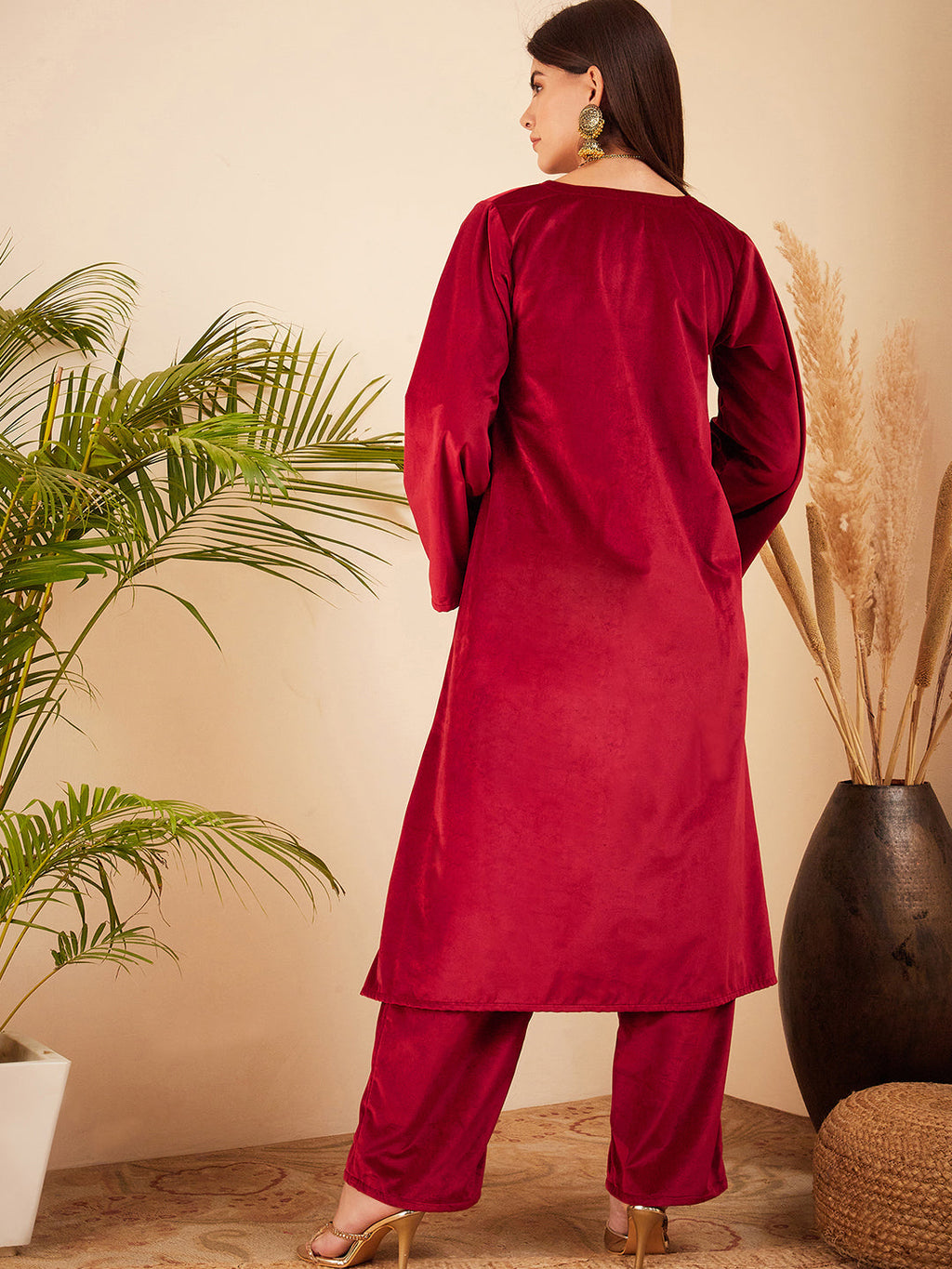 InWeave Women's Barn Red V Neck Asymmetrical Pleated Velvet Kurta Set | Grocsy