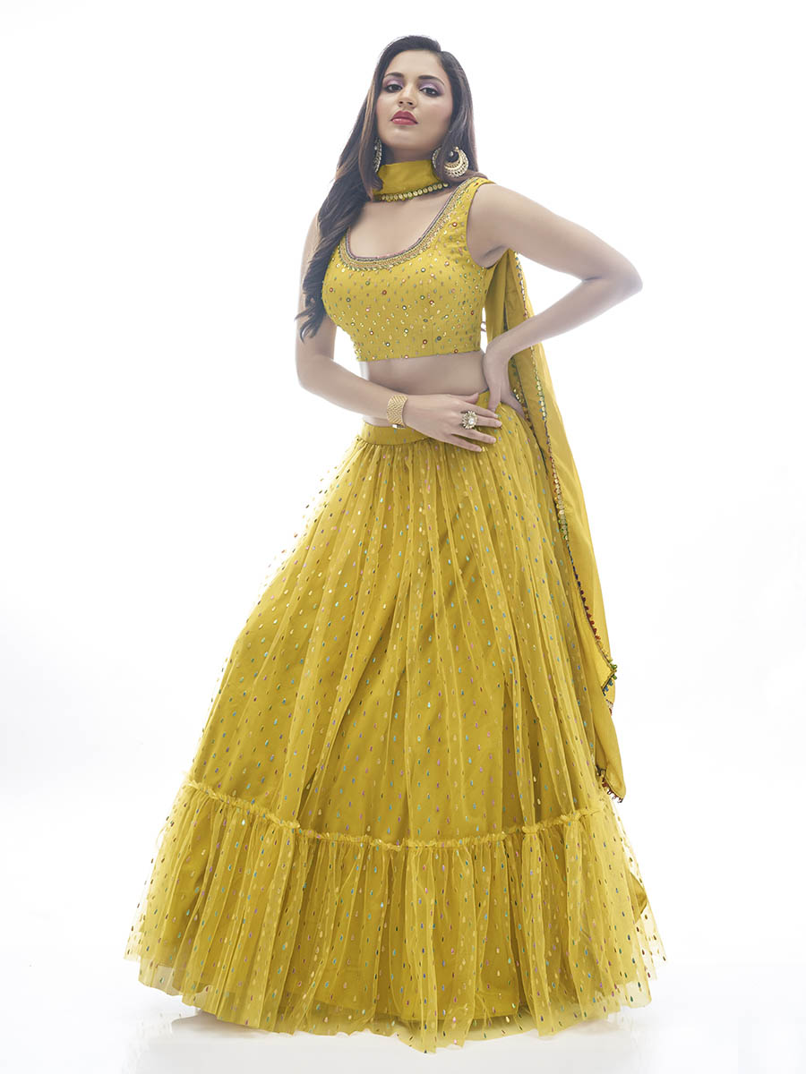 Myra Mustard Art Silk Designer Lehenga | Grocsy