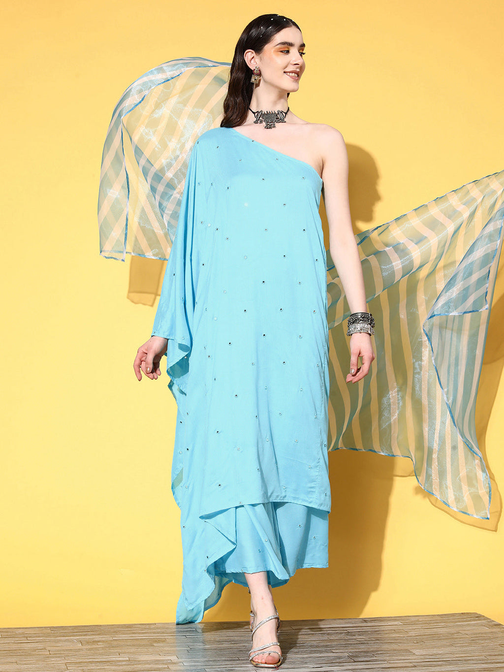 InWeave Women's Sky Blue Mirror Work One Shoulder Kurta Set With Dupatta | Grocsy