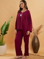 InWeave Women's Jam Wine Solid Boho Full Sleeve Coord Set | Grocsy