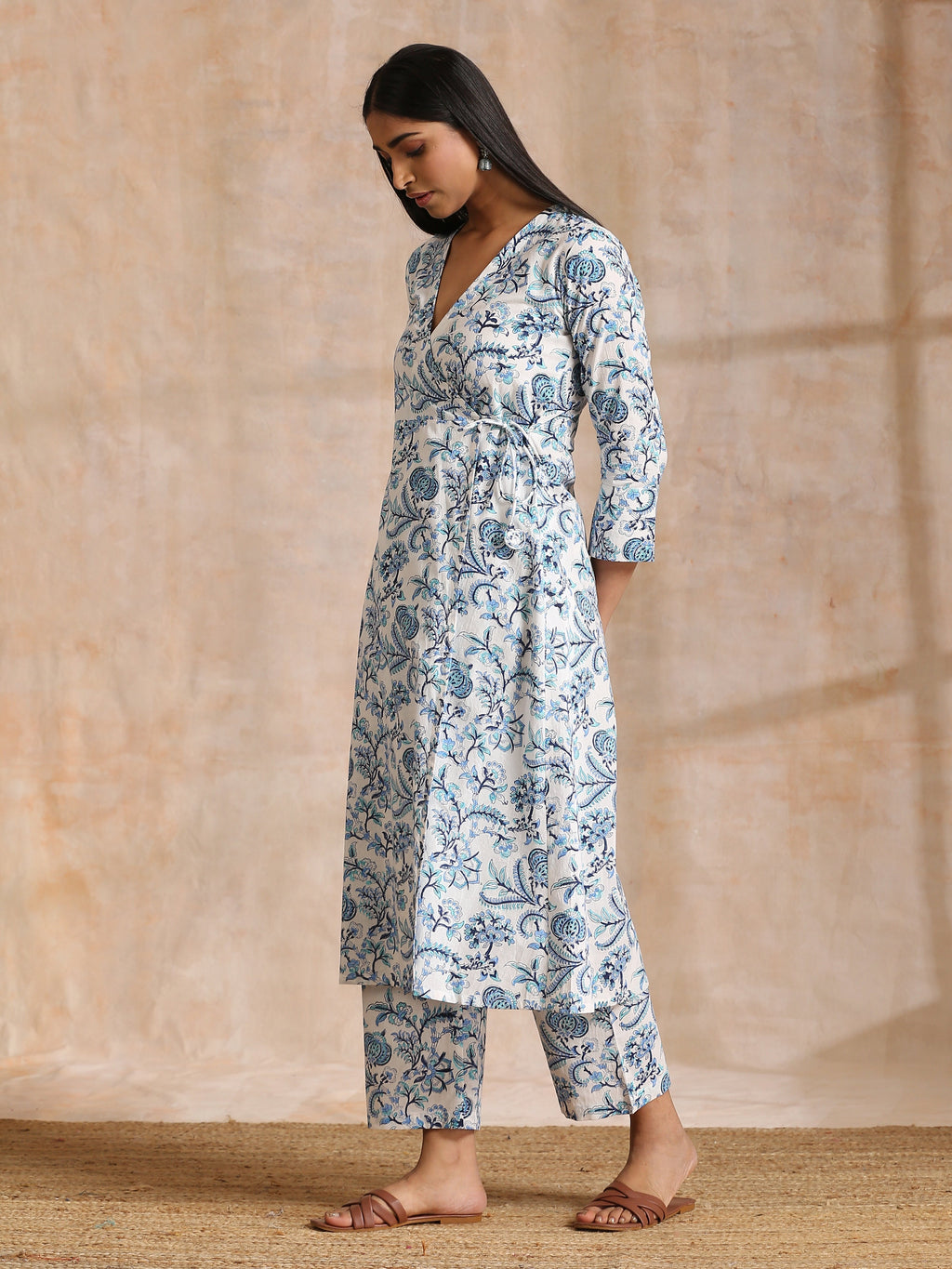 trueBrowns White With Overall Blue Print Cotton Angrakha Kurta Pant Set | Grocsy