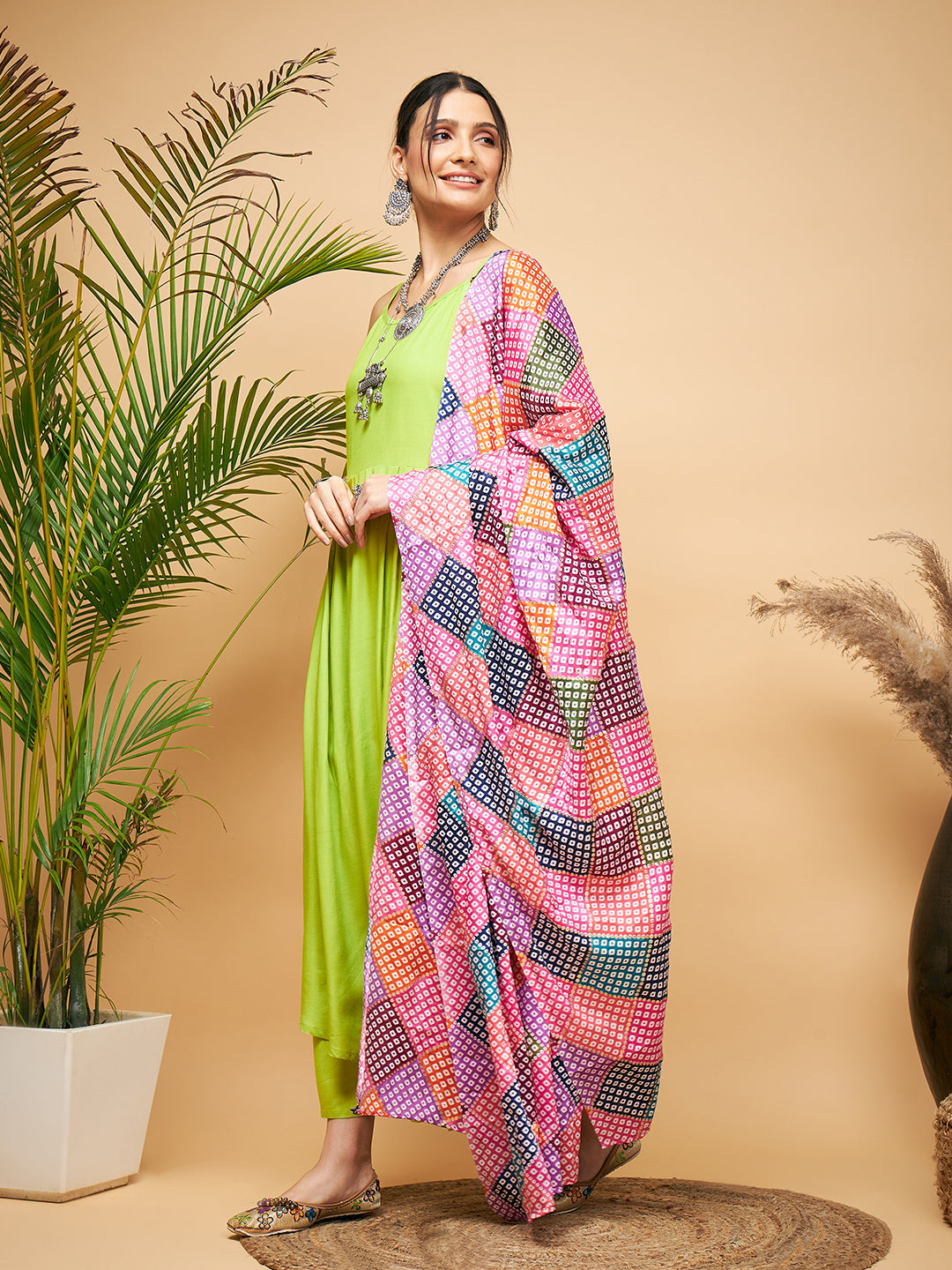 InWeave Women's Lime Green Strappy Set W Square Bandhani Print Silk Dupatta | Grocsy