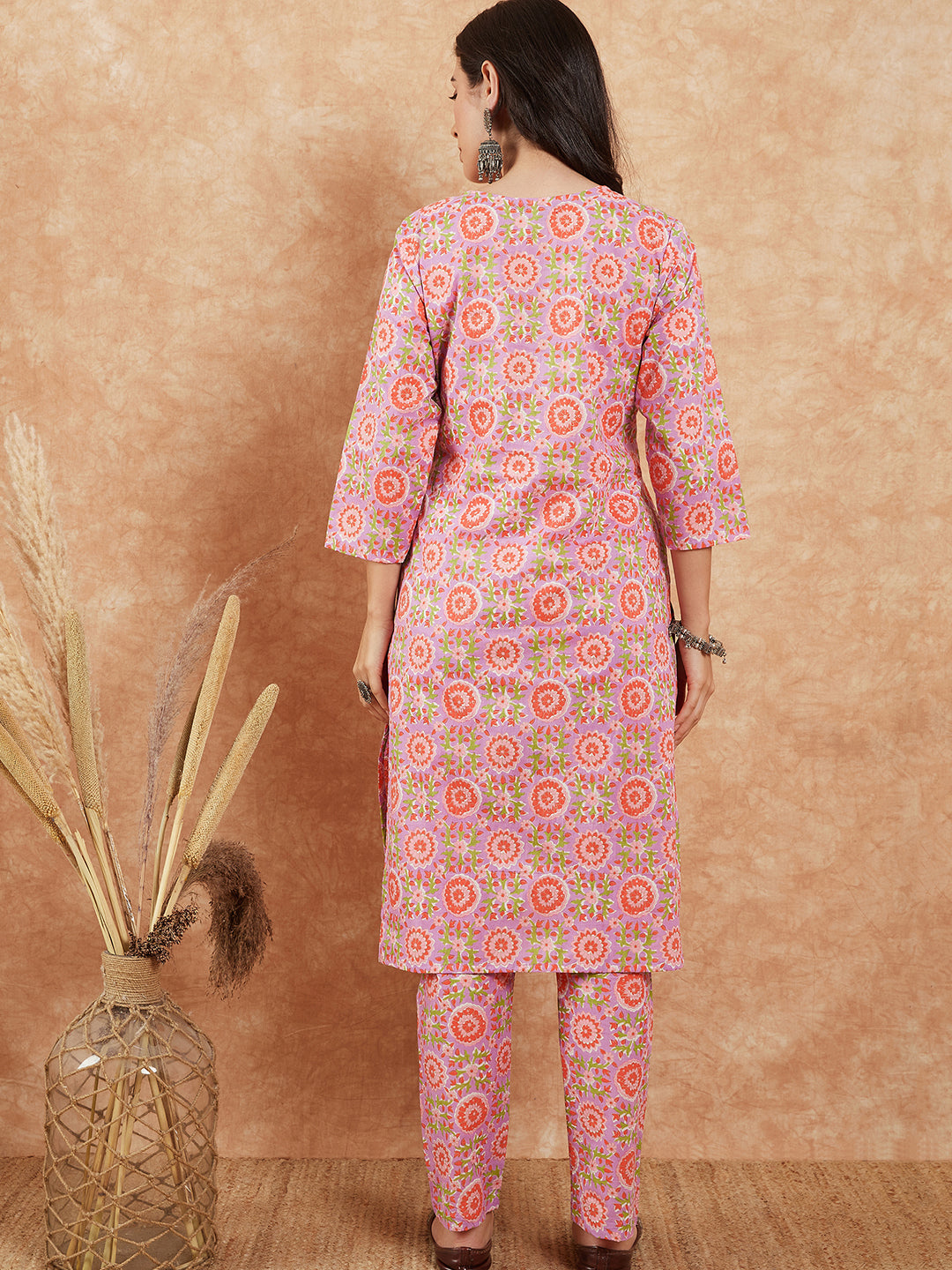 InWeave Women's Mauve Floral Jaal Gota Work Straight Kurta Pant Set | Grocsy