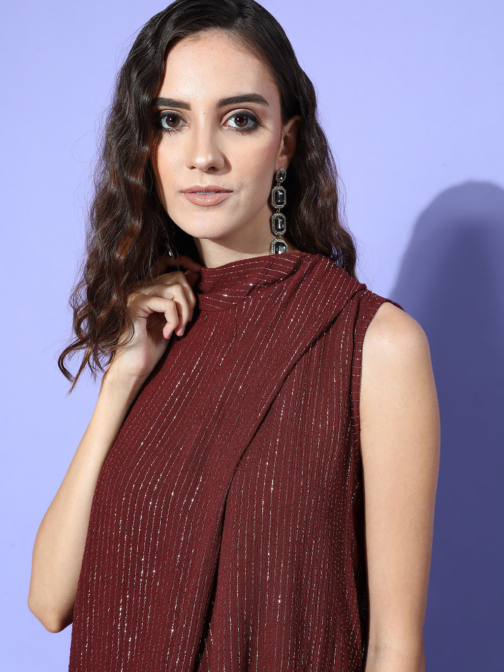 InWeave Women's Maroon Lurex Tie Up Top | Grocsy