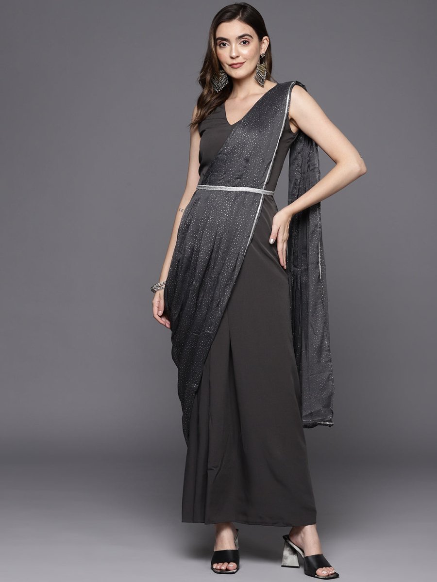 Ahalyaa Abstract Print Layered Crepe Ethnic Dress | Grocsy