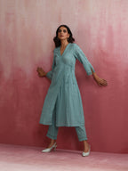 trueBrowns Aqua Blue Cotton Dobby Angrakha Kurta Set | Grocsy