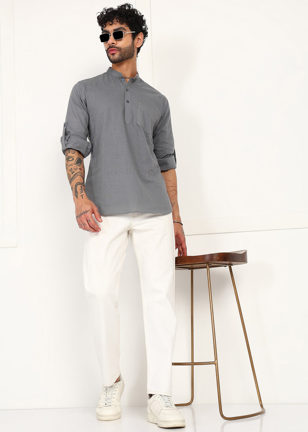 Fabmade Ash Grey Linen Short Kurta | Grocsy