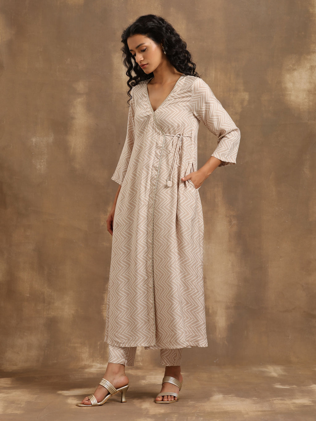 trueBrowns Beige Zig-Zag Print Silk Angrakha Kurta Pant Set | Grocsy