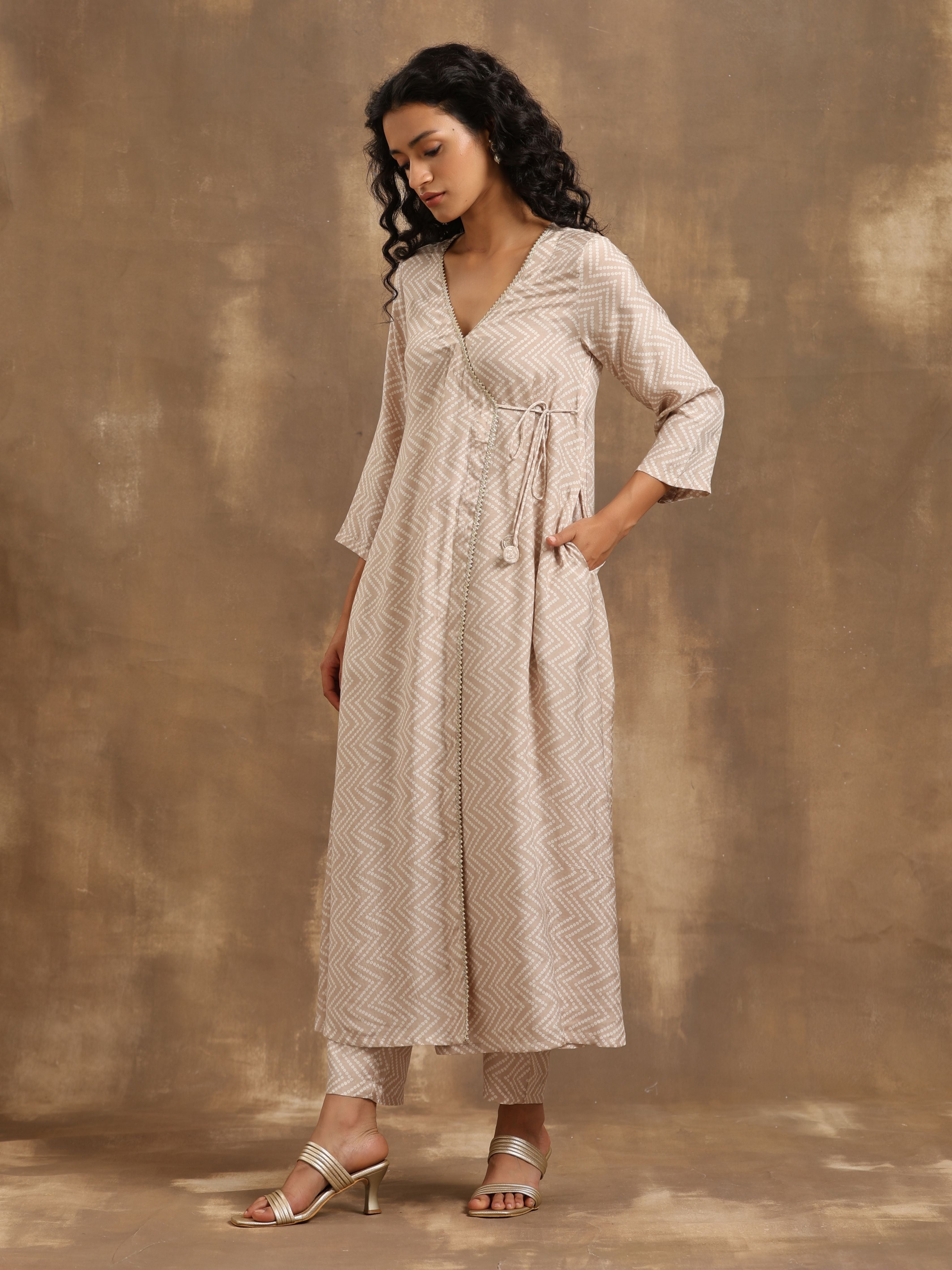 trueBrowns Beige Zig-Zag Print Silk Angrakha Kurta Pant Set | Grocsy