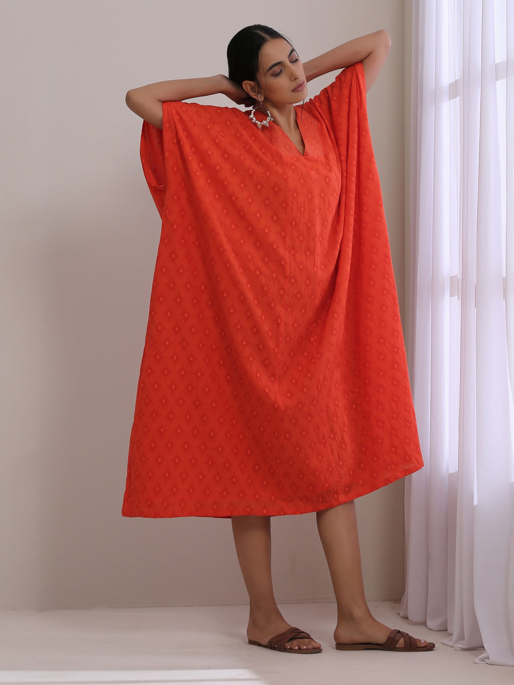 trueBrowns Orange Dobby Panel Kaftan Dress | Grocsy
