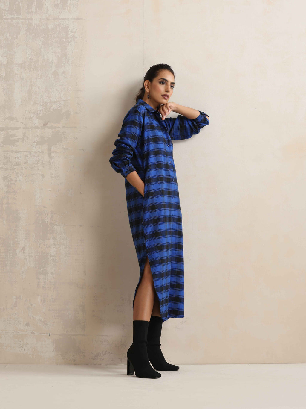 trueBrowns Blue Check Winter Shirt Dress | Grocsy