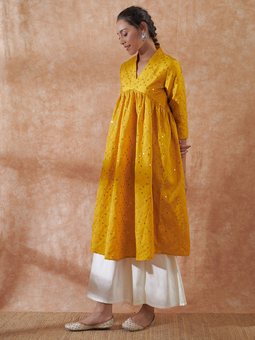 InWeave Women's Mustard Mirror Work Flared Kurta | Grocsy