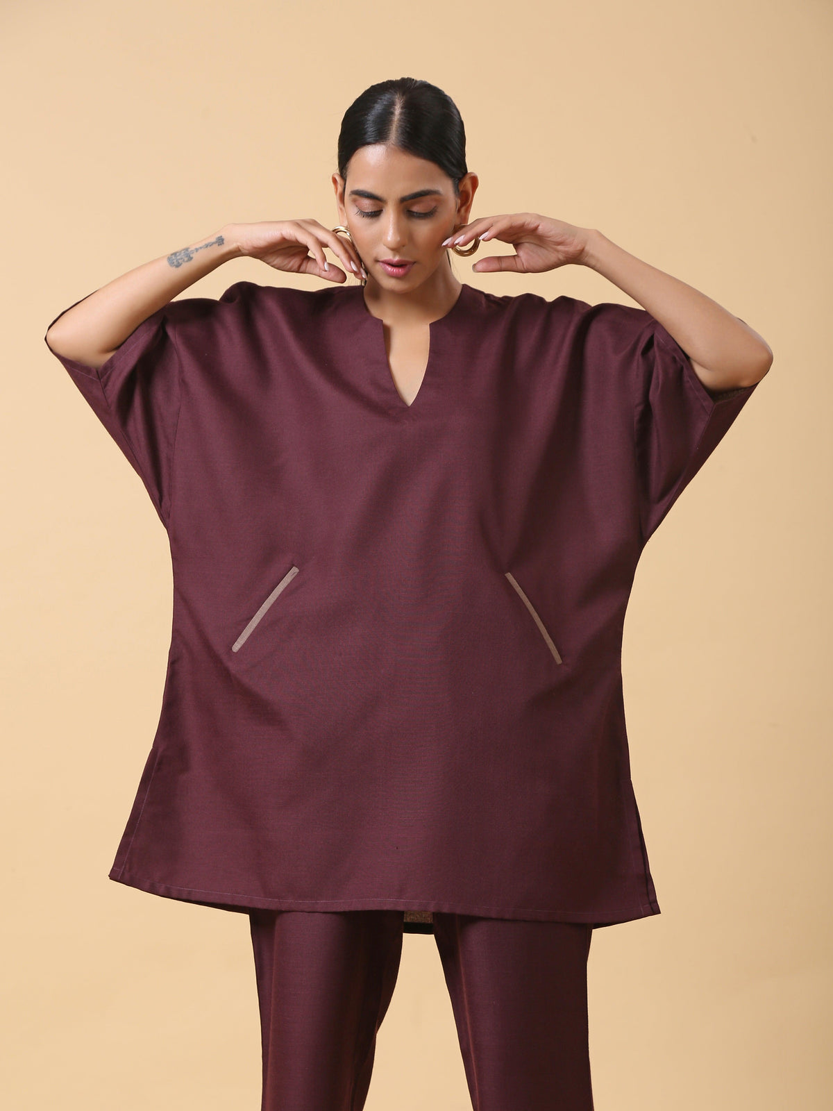 trueBrowns Cotton Linen Purple Boxy Fit Co-Ord Set | Grocsy