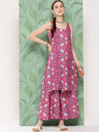 InWeave Women's Magenta Camelia Print Crepe Kurta Set | Grocsy