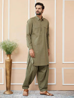 Fabmade Olive Cotton Linen Pathani Kurta With Salwar | Grocsy
