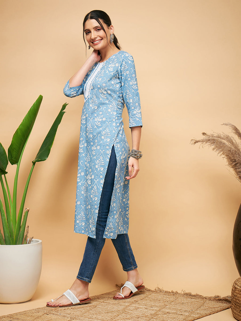 InWeave Women's Powder Blue White Print Lace Straight Kurta | Grocsy