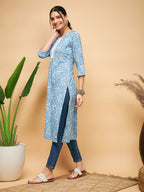 InWeave Women's Powder Blue White Print Lace Straight Kurta | Grocsy