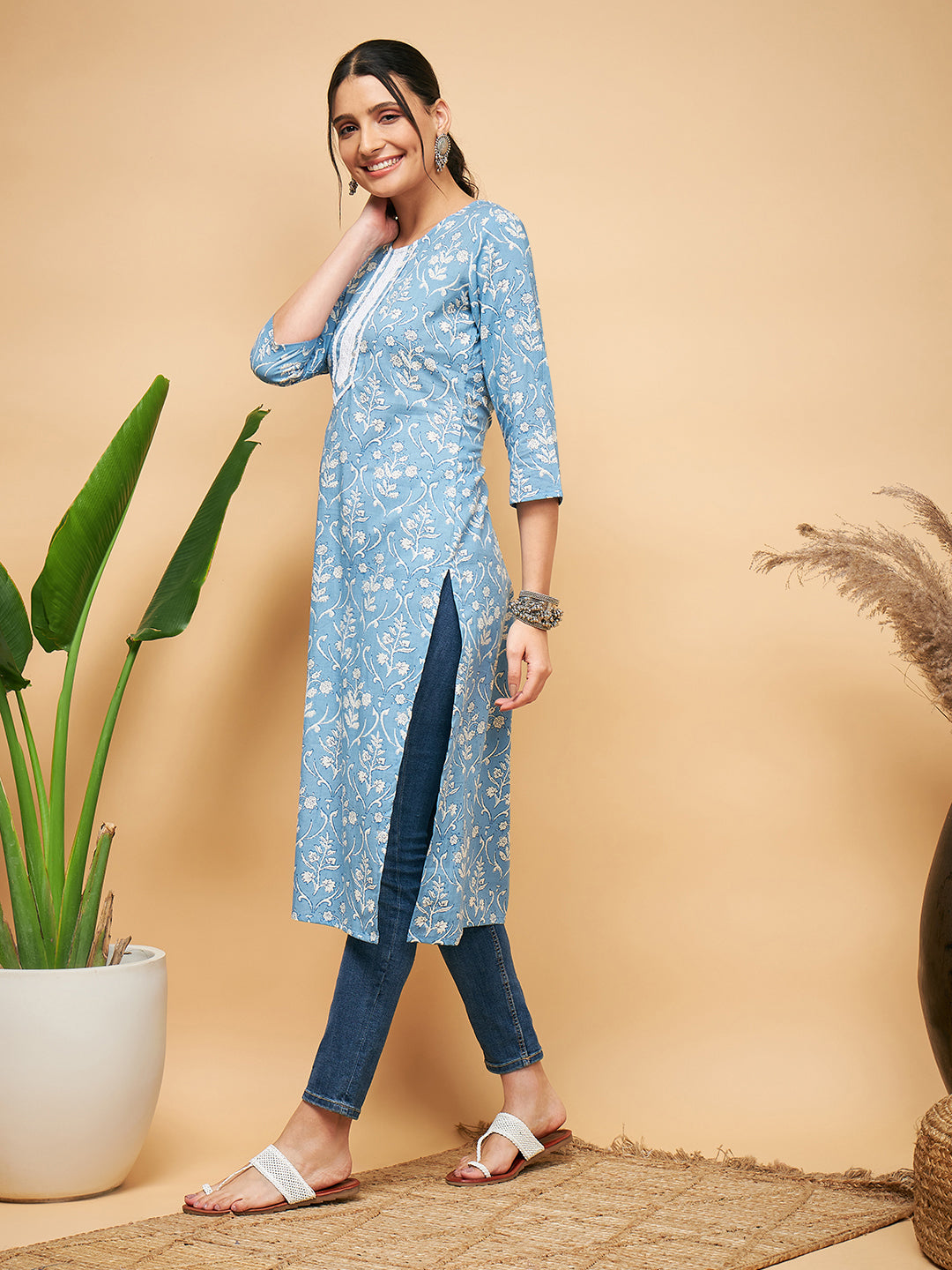 InWeave Women's Powder Blue White Print Lace Straight Kurta | Grocsy