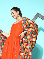 InWeave Women's Orange Red Gota Strappy Set With Multi Foil Muslin Dupatta | Grocsy
