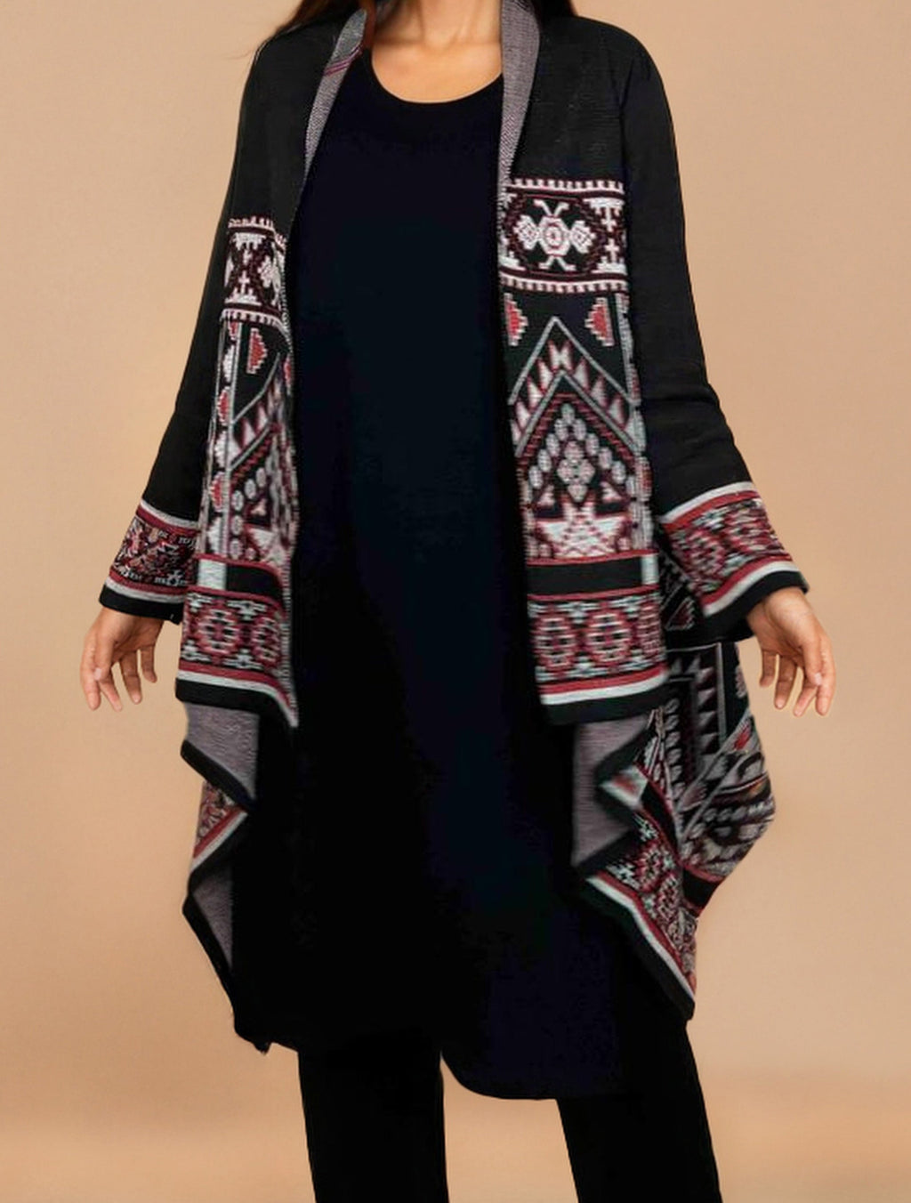 trueBrowns Black Woollen Geometric Kaftan Cape | Grocsy